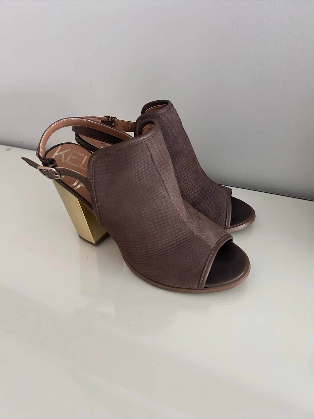 Kelsi Dagger Brown Slingback Heels with Gold Block Heel